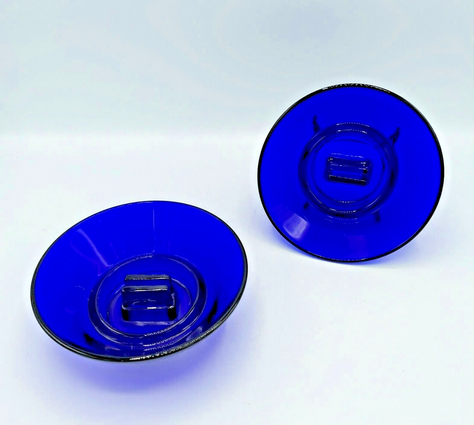 Matched Pair Vintage Cobalt Blue Glass Ashtrays Matchbook Holder Heavy Thick