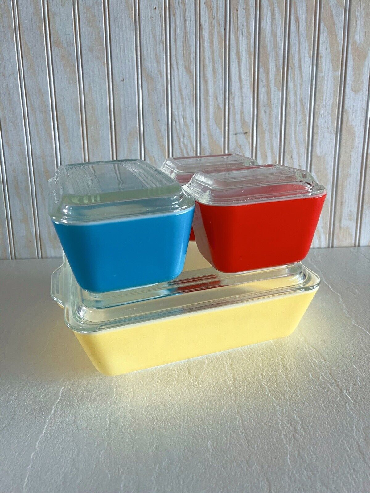 Vintage Early Pyrex TM Reg Primary Colors Refrigerator Dish Set Ribbed Lids 8pc