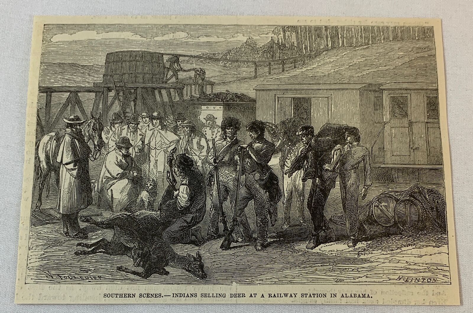 1877 magazine engraving ~ INDIANS SELLING DEER at a railway station in Alabama