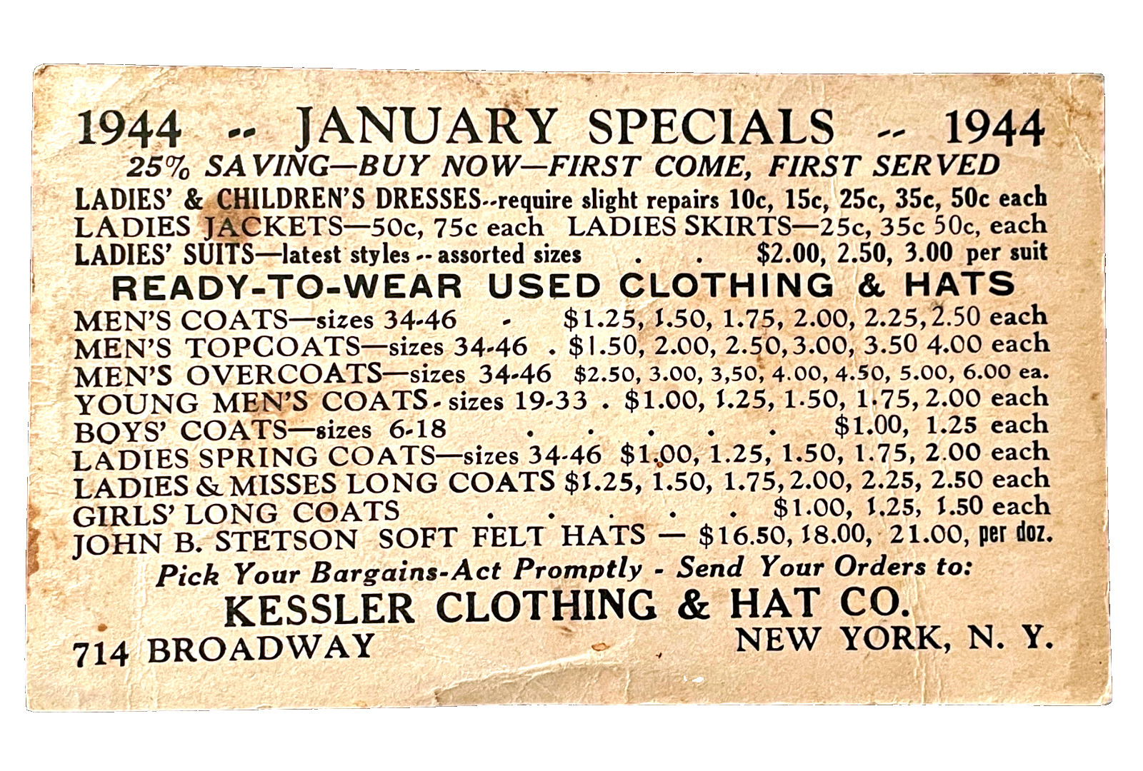 Kessler Clothing & Hat Co. New York NY Original 1944 Rare Advertising Postcard