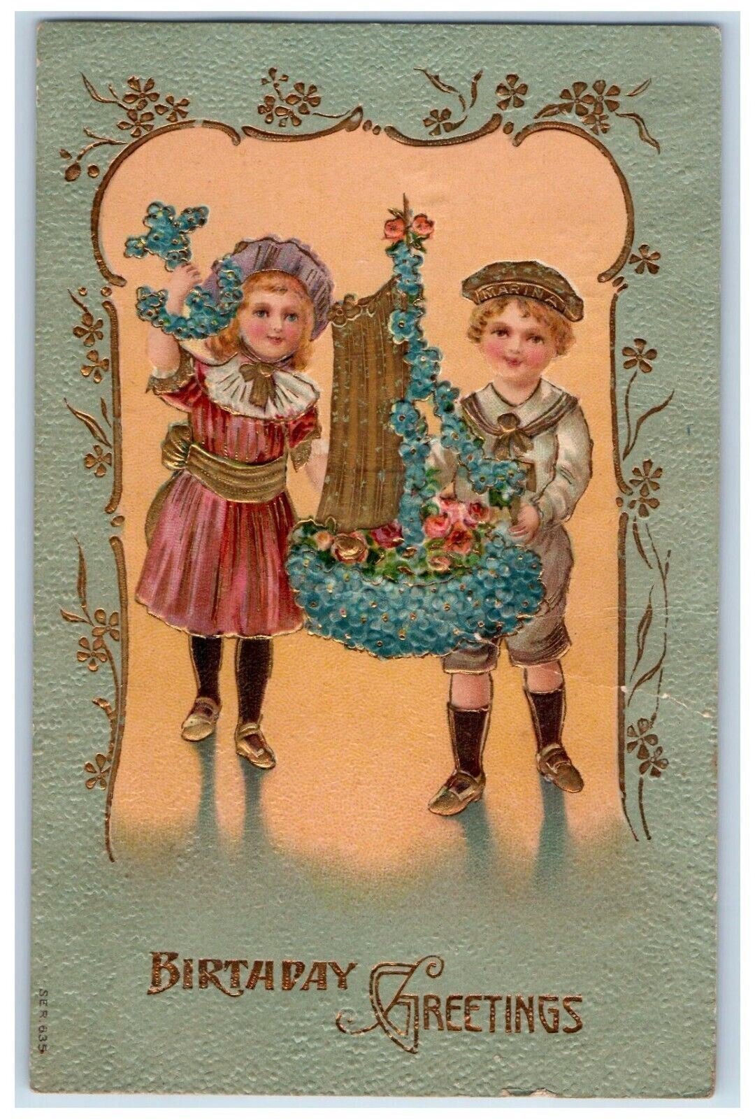 1909 Birthday Greetings Boy And Girl Anchor Pansies Flowers Embossed Postcard