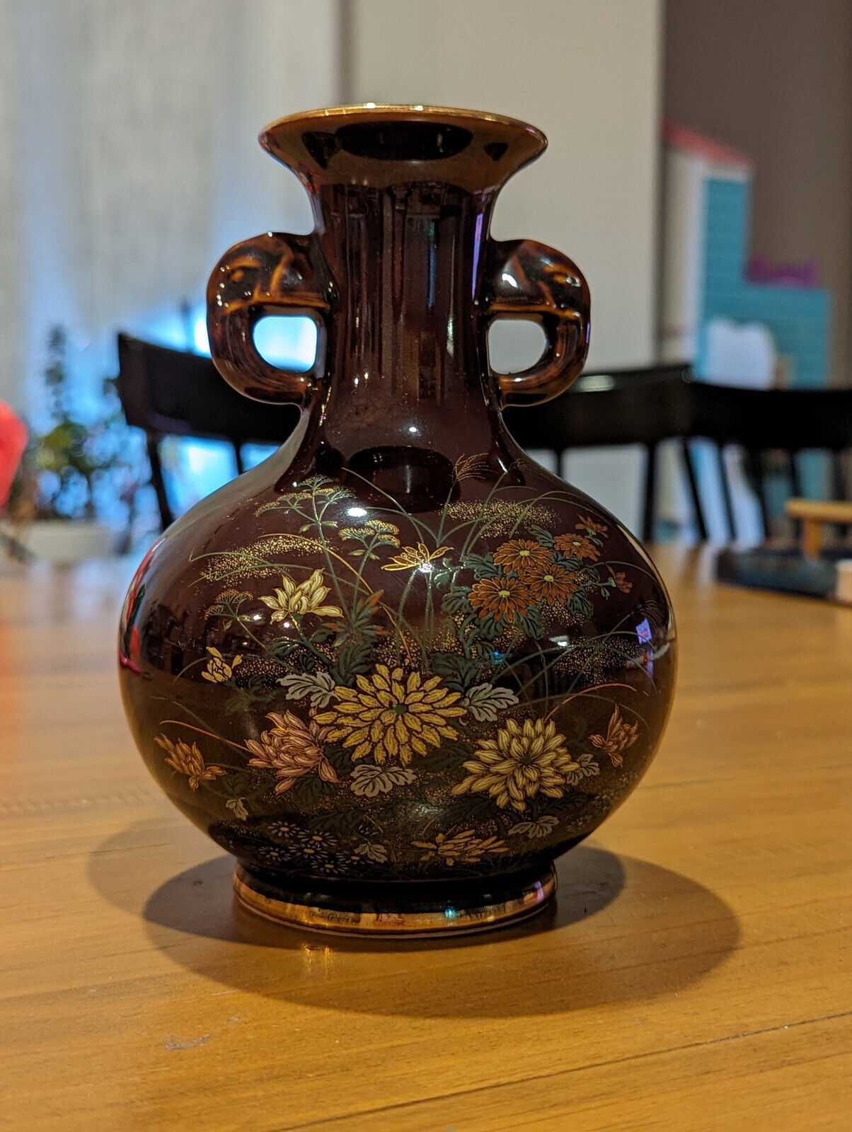 Vintage Japanese Hand Painted Vase with Floral Design and Gold Trim