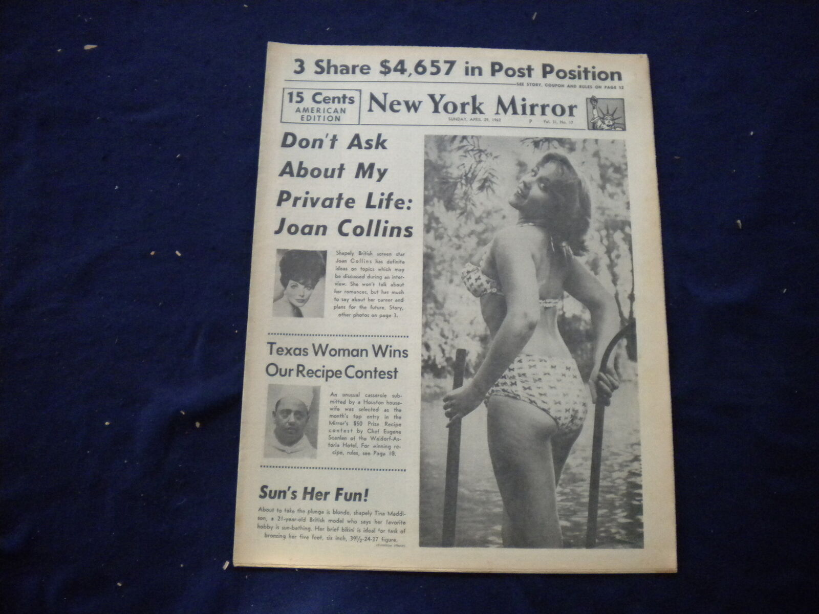1962 APRIL 29 NEW YORK MIRROR NEWSPAPER - TINA MADDISON COVER PHOTO - NP 6001