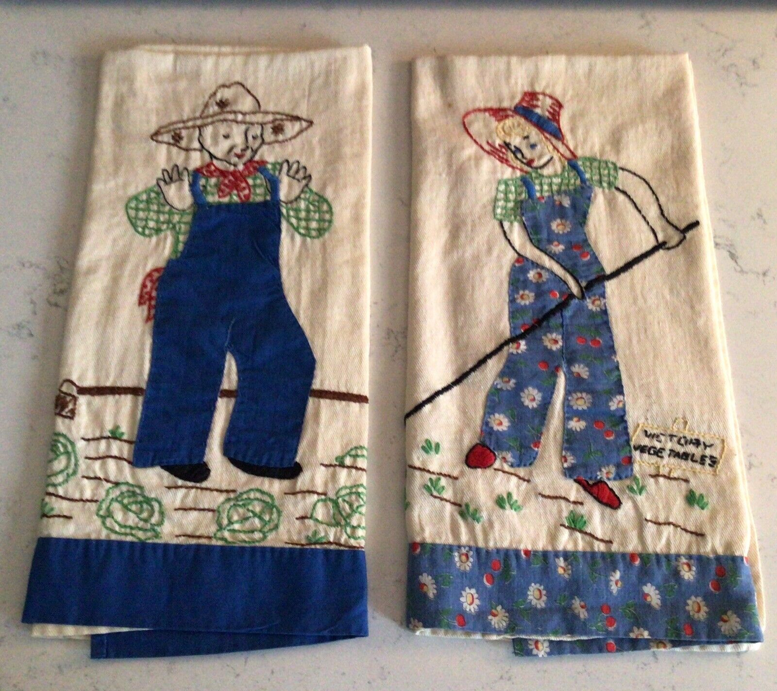 VTG Large Kitchen Cotton Tea Towels APPLIQUÉ & EMBROIDERY  Farm Girl And Boy