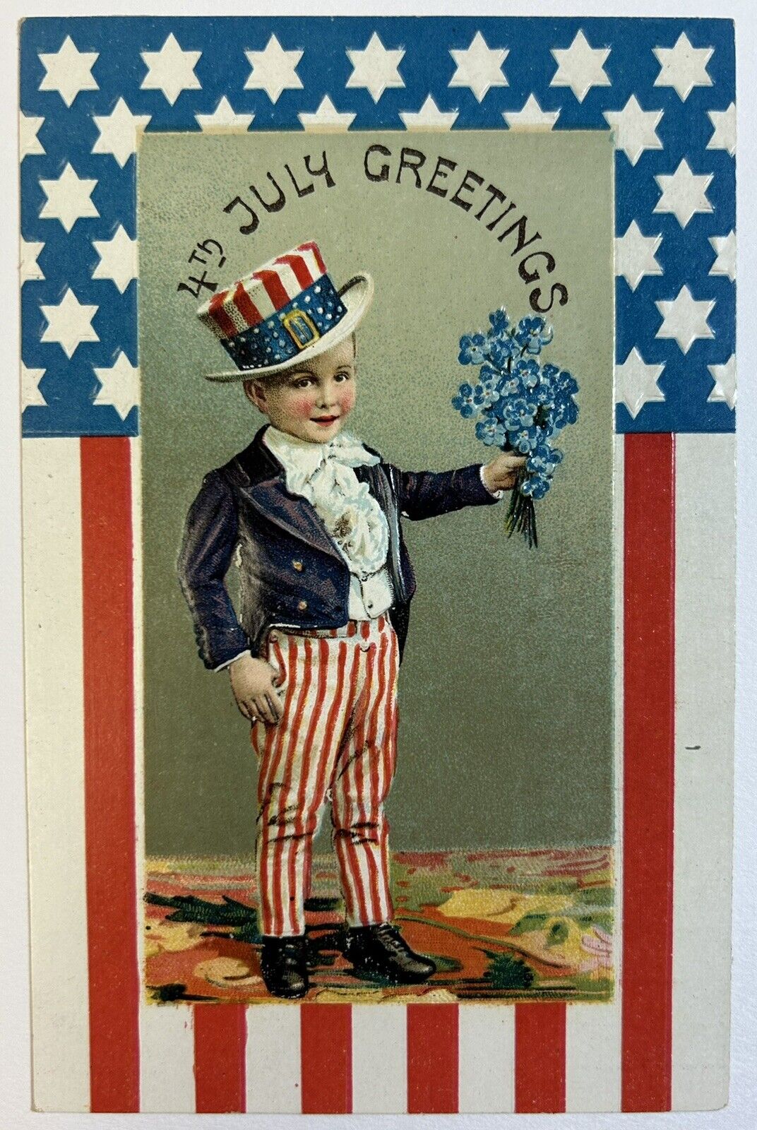Germany 4th Of July Greetings Embossed Postcard, Flag, Boy Unposted Card
