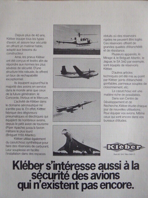 4/1973 PUB KLEBER DOVES TIRE AVIATION CONCORDE GAZELLE MIRAGE IV FRENCH AD