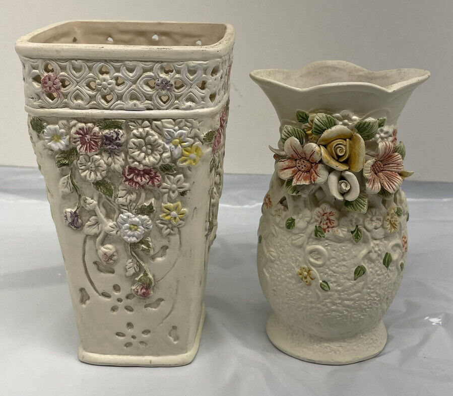 Pair of Vintage K's Collection Cream Pastel Flowered Vase 6.5 inch