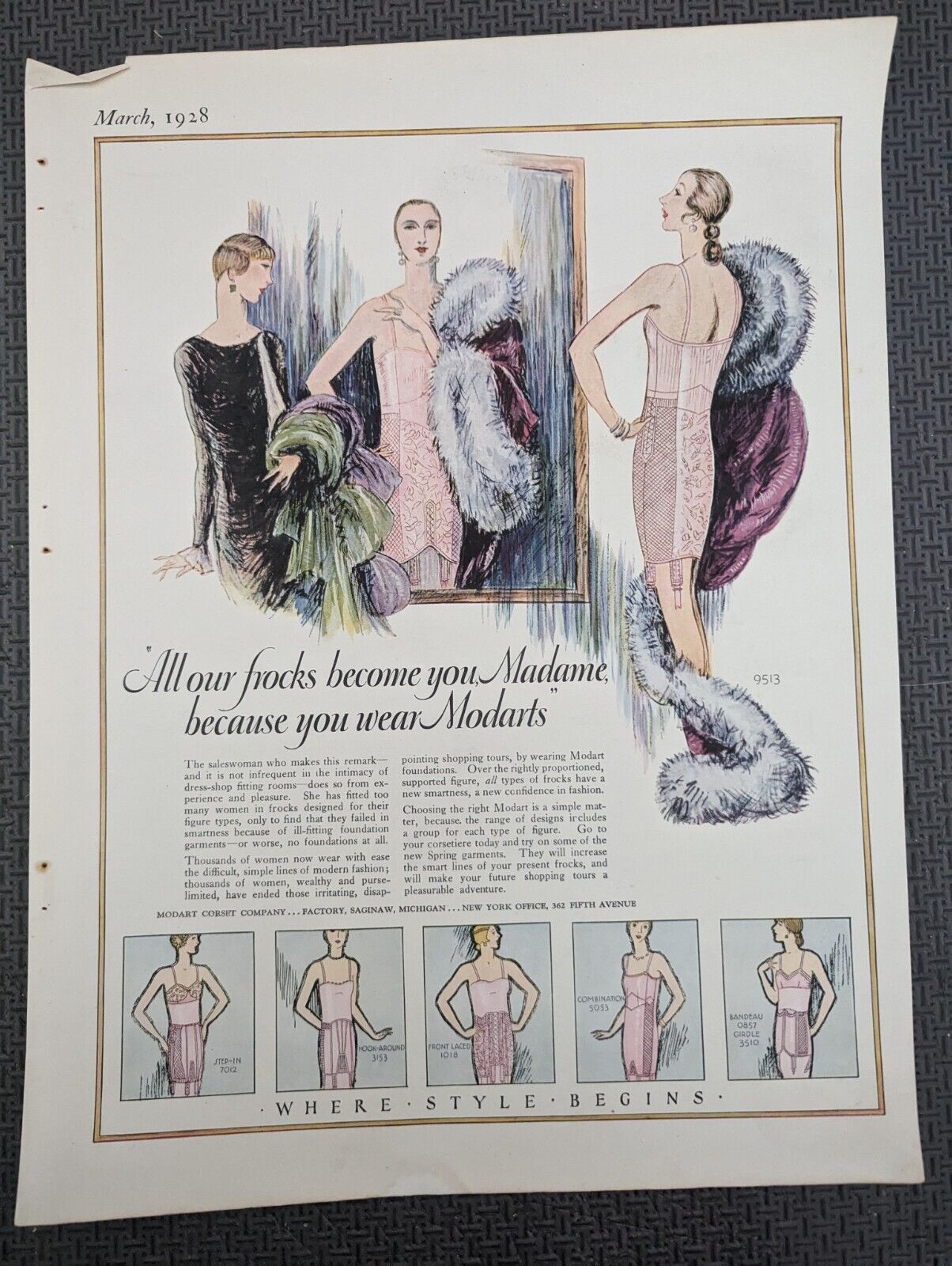 Large Original Antique Magazine Ad 1928 Modart Corset Fifth Avenue Frocks