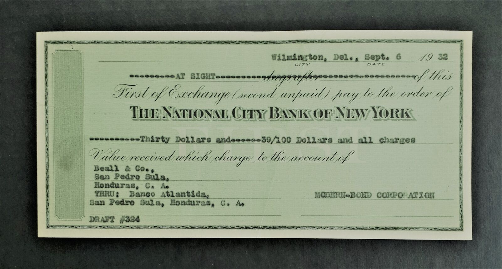 1932 antique NAT CITY BANK NY Check wilmington de EXCHANGE honduras