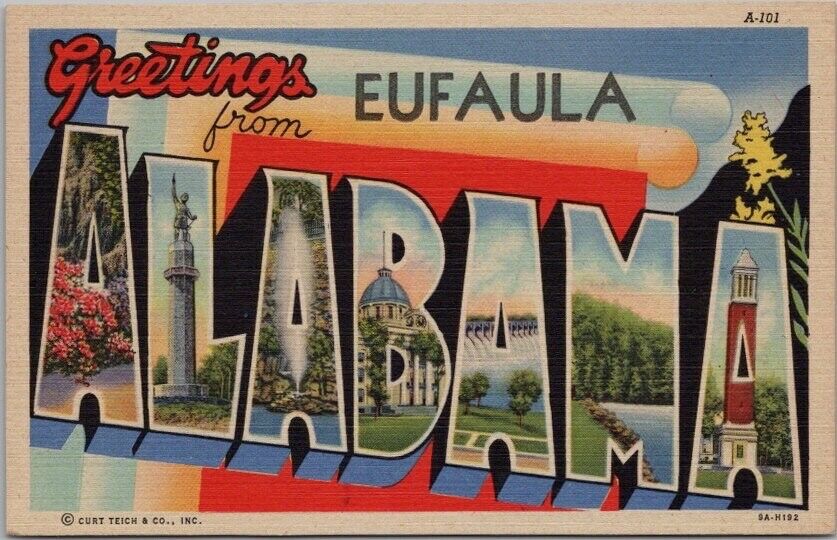 Vintage EUFAULA, ALABAMA Large Letter Postcard Curteich Linen 9A-H192 - Unused