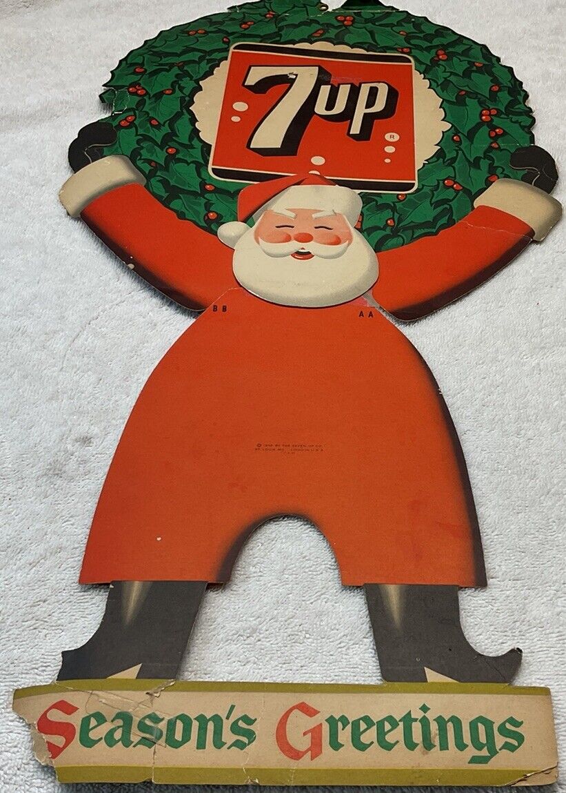 1955 Litho 22”x13” 7 Up Cardboard Santa Sign Season’s Greetings St. Louis , Mo.