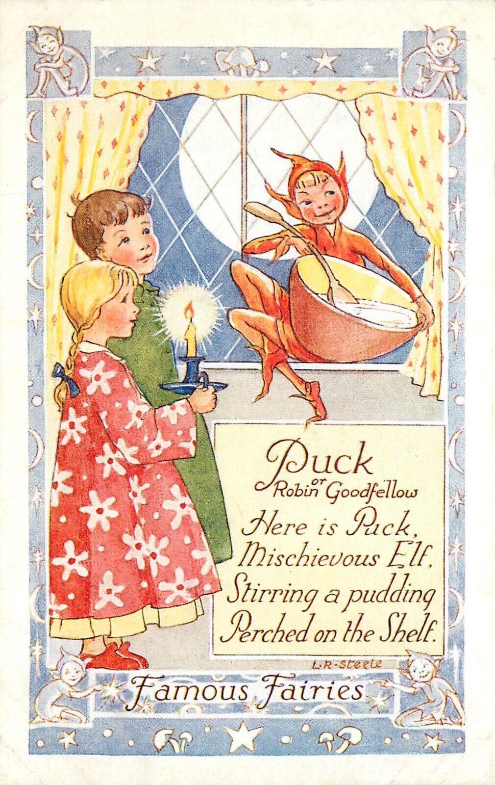 Postcard 5054 Famous Fairies, Puck Stirring Pudding, Children w/ Candle Unposted