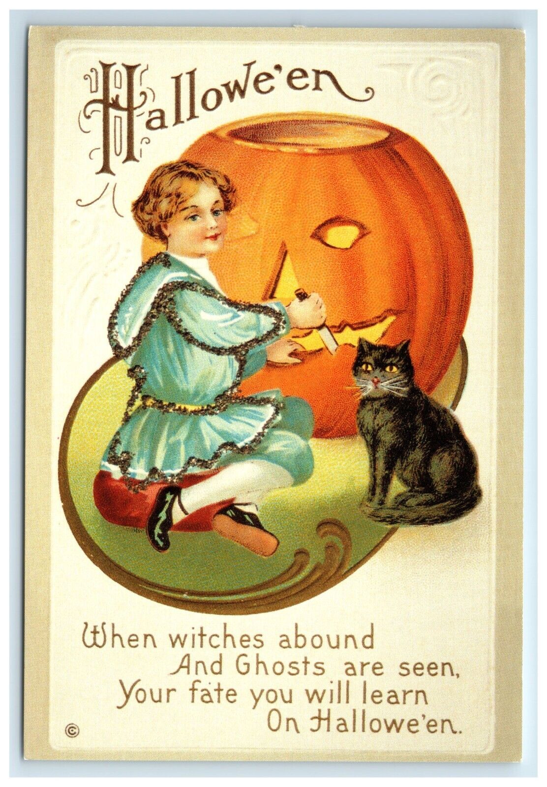 Postcard Reproduction of c1912 Halloween Child w Huge Jack O Lantern Black Cat
