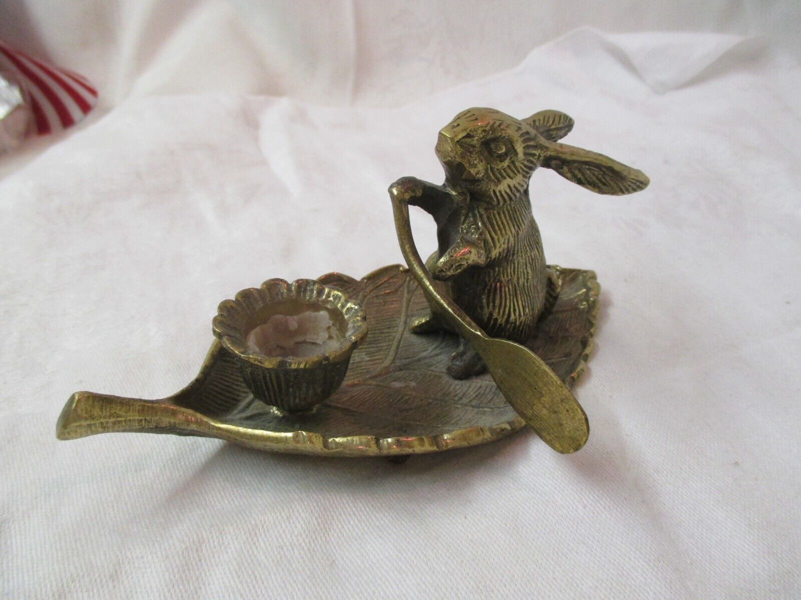 Vintage India solid brass Figurine Rabbit rowing Leaf Boat