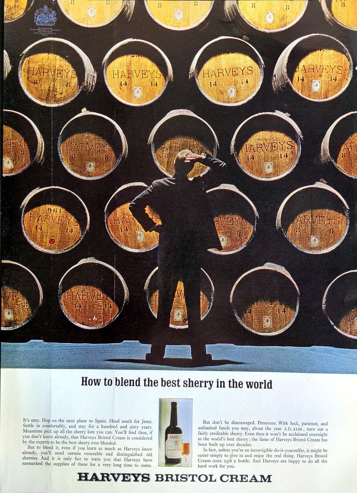 1963 Print Ad Harveys Bristol Cream Sherry Baffled Man Stack Of Wooden Barrels