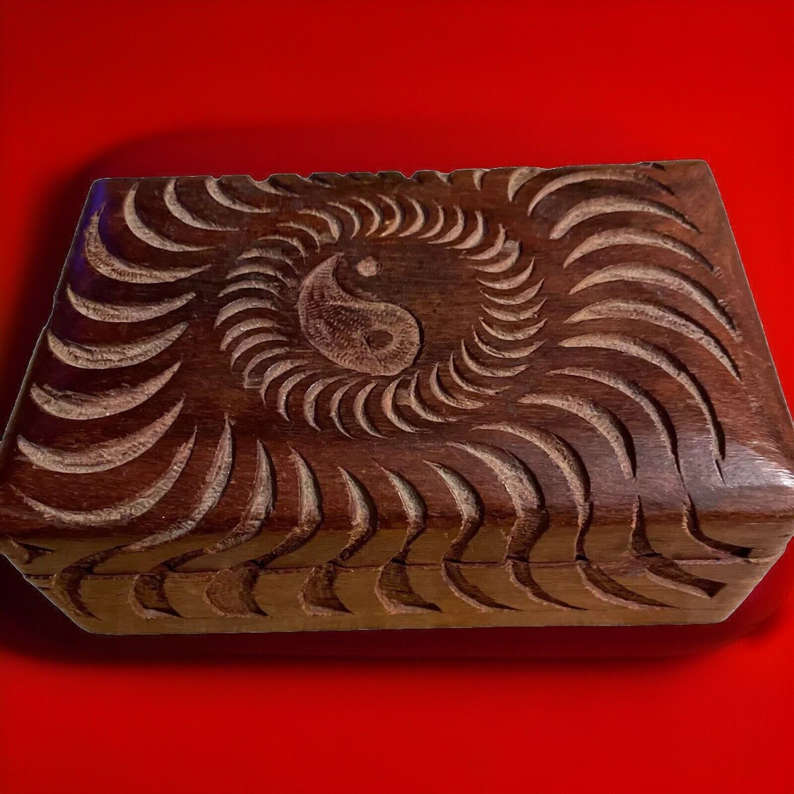Vintage Ying Yang Hand Carved Wooden Stash Trinket Jewlery Box 1990's