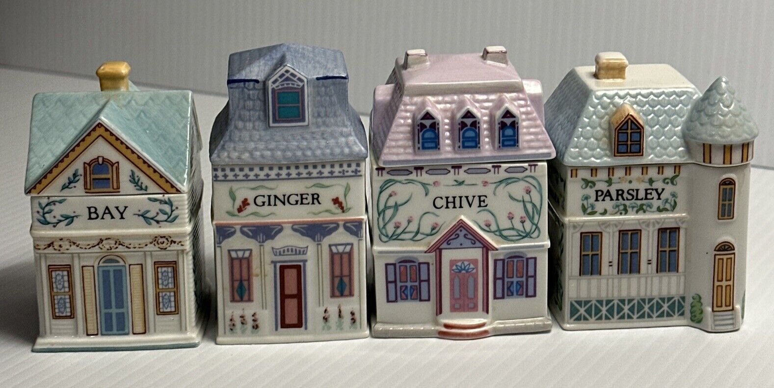 4 Vintage Lenox Spice Village 1989 Spice Jars ( Bay, Ginger, Chive & Parsley )