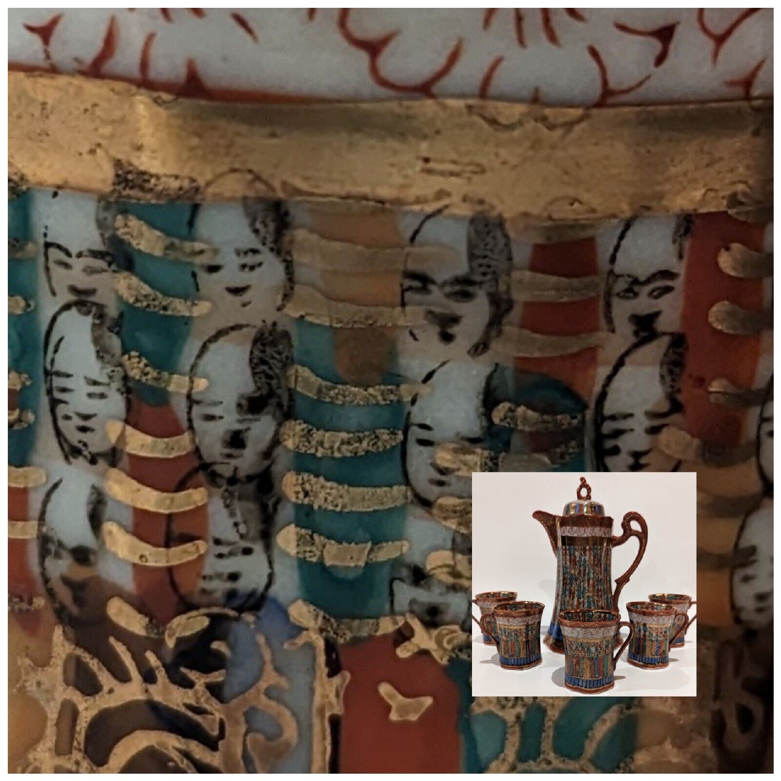 RARE Japanese Thousand Faces Chocolate Pot w/5 Matching Cups, Porcelain, Antique