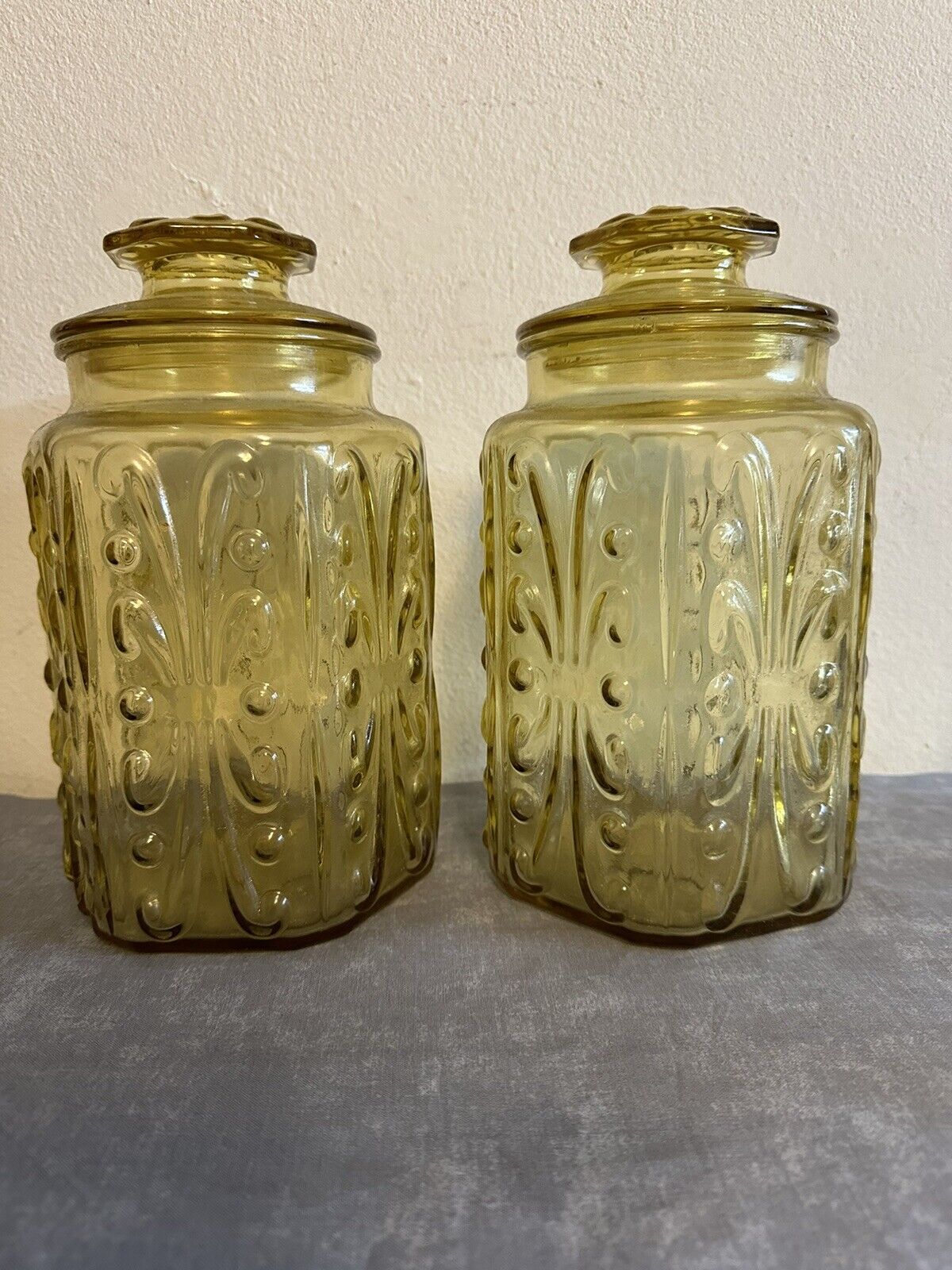 Pair Of 9in Vintage Amber Apothecary Jar