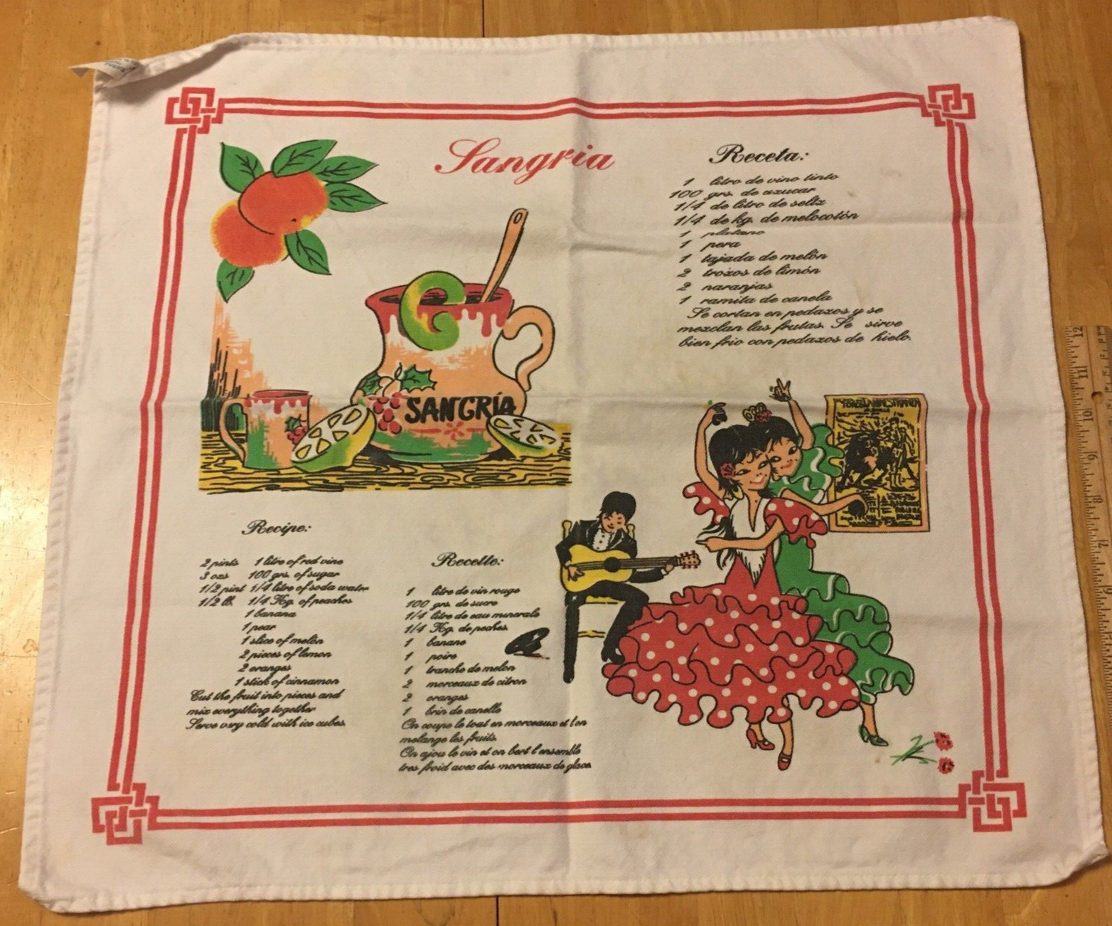 Vintage Cotton Sangria Recipe Tea Towel - Souvenir - El Masnou(Barcelona, Spain)