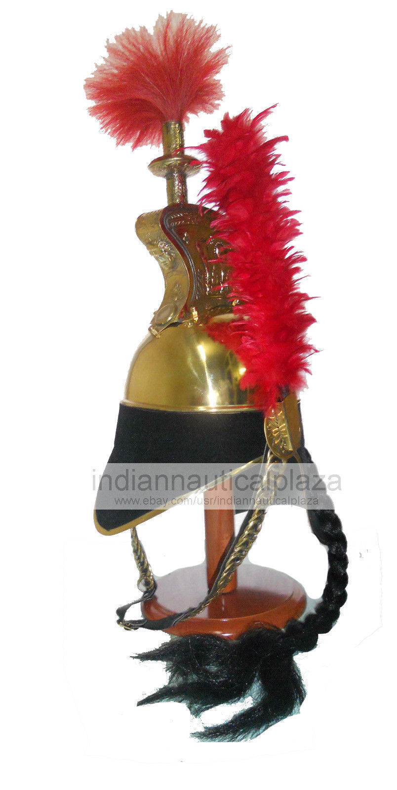 Napoleon Helmet Antique Brass Reenactment Costume W/ PLUME With Wooden Stand