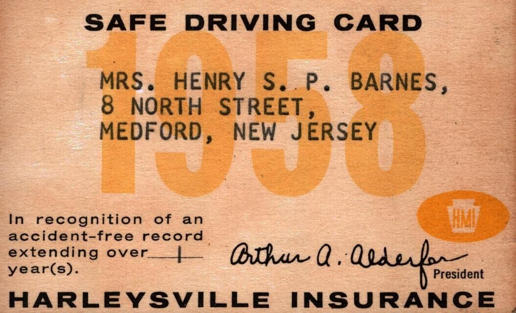 1958  Harleysville Insurance  Safe Driving Card  Medford  New Jersey