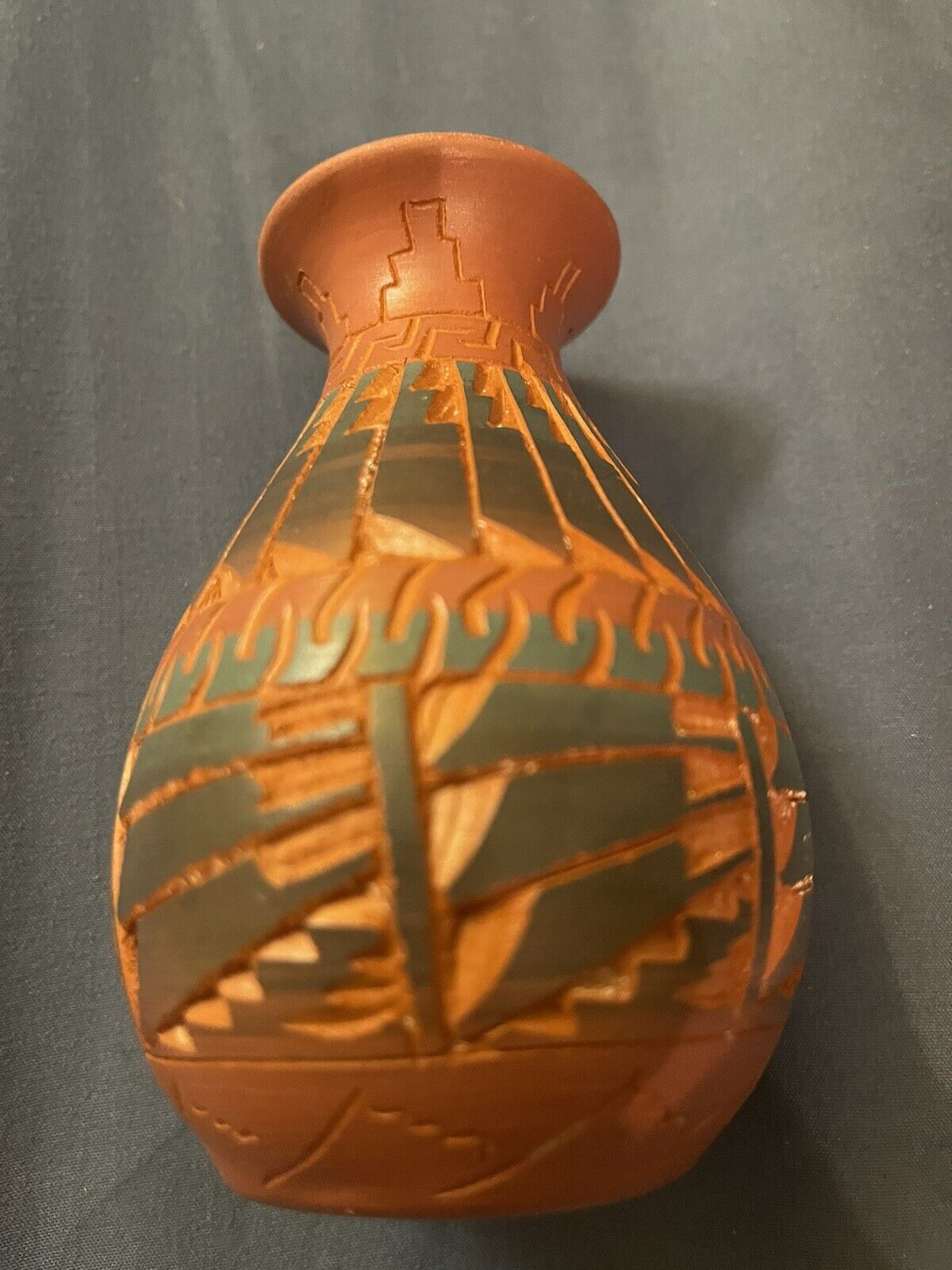 Small Handmade Clay Vase with Native American Symbols 4” Tall-signed J S Navajo