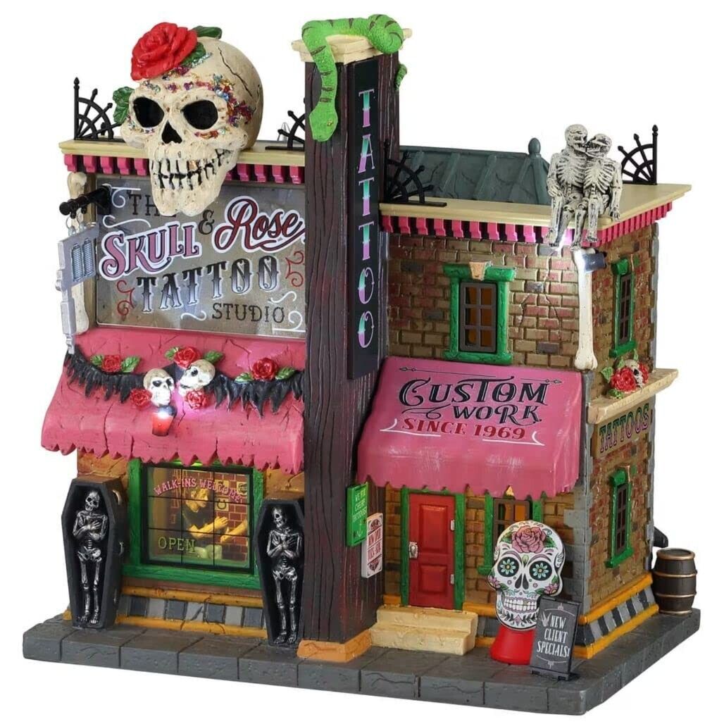 LEMAX Spooky Town Holiday Village Skull and Rose Tattoo Studio