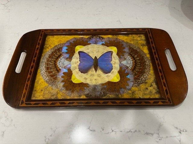 VINTAGE  LARGE MAHOGANY INLAID BUTTERFLY WING WOODEN TRAY ~ FROM BRAZIL