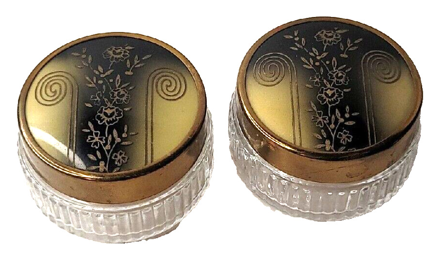 2x VTG Art Nouveau Cold Cream Trinket Vanity Jar USA Gold Powder Box Jar