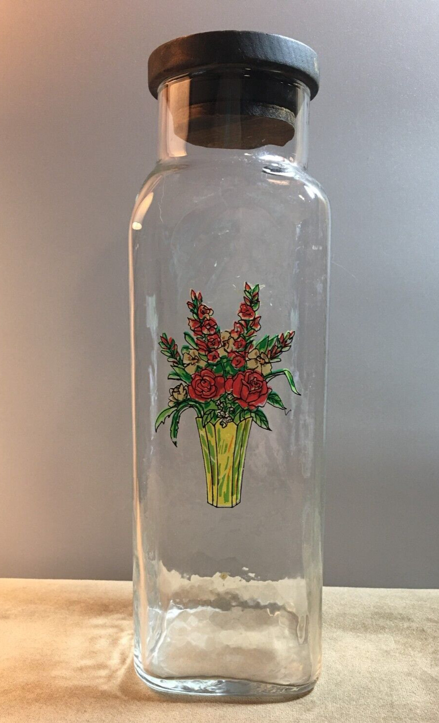 Vintage Mid Century Modern Floral Design Clear Glass Canister w/Wood Lid