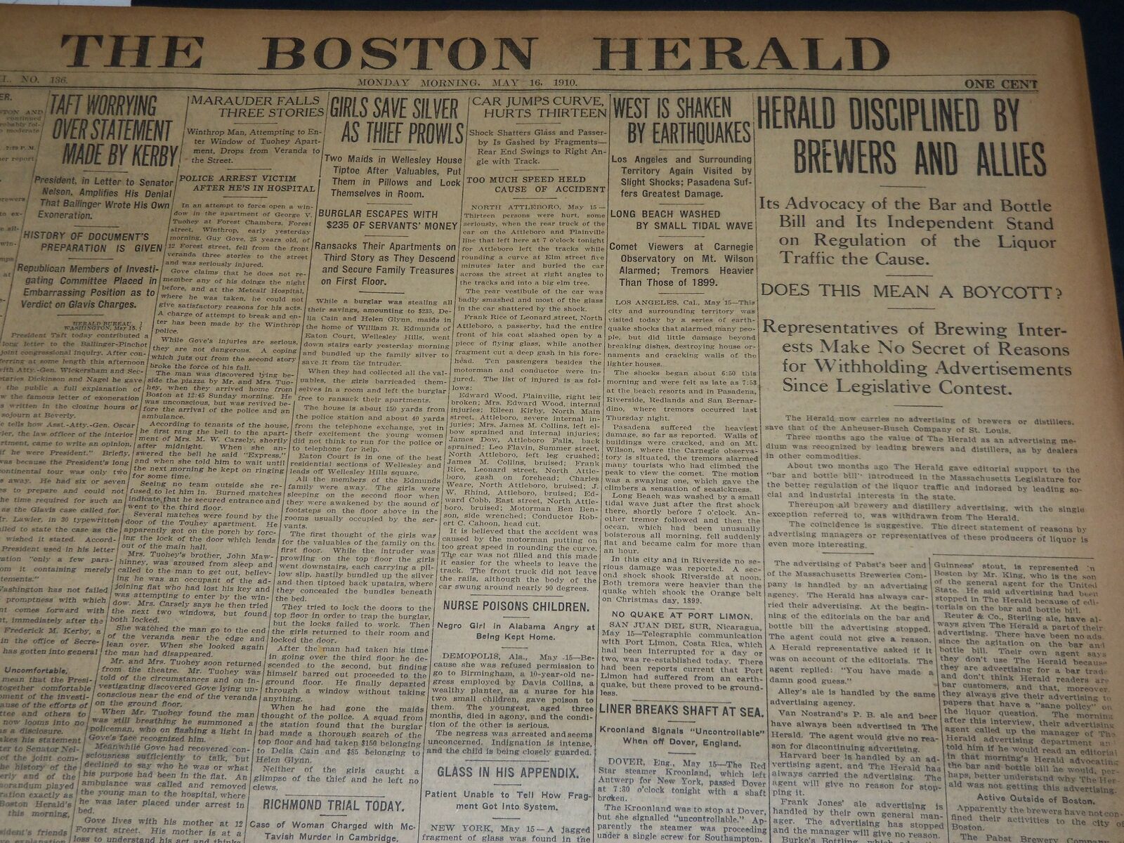 1910 MAY 16 THE BOSTON HERALD - PERIL IN COMET'S APPROACH TO EARTH - BH 359