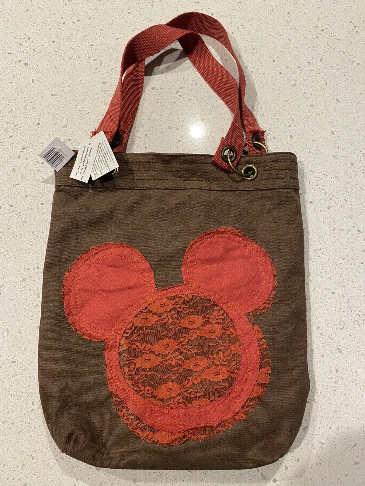 Disney Shoulder Tote Bag Canvas Lace Brown Rose Red Mickey Ears Pockets NWT