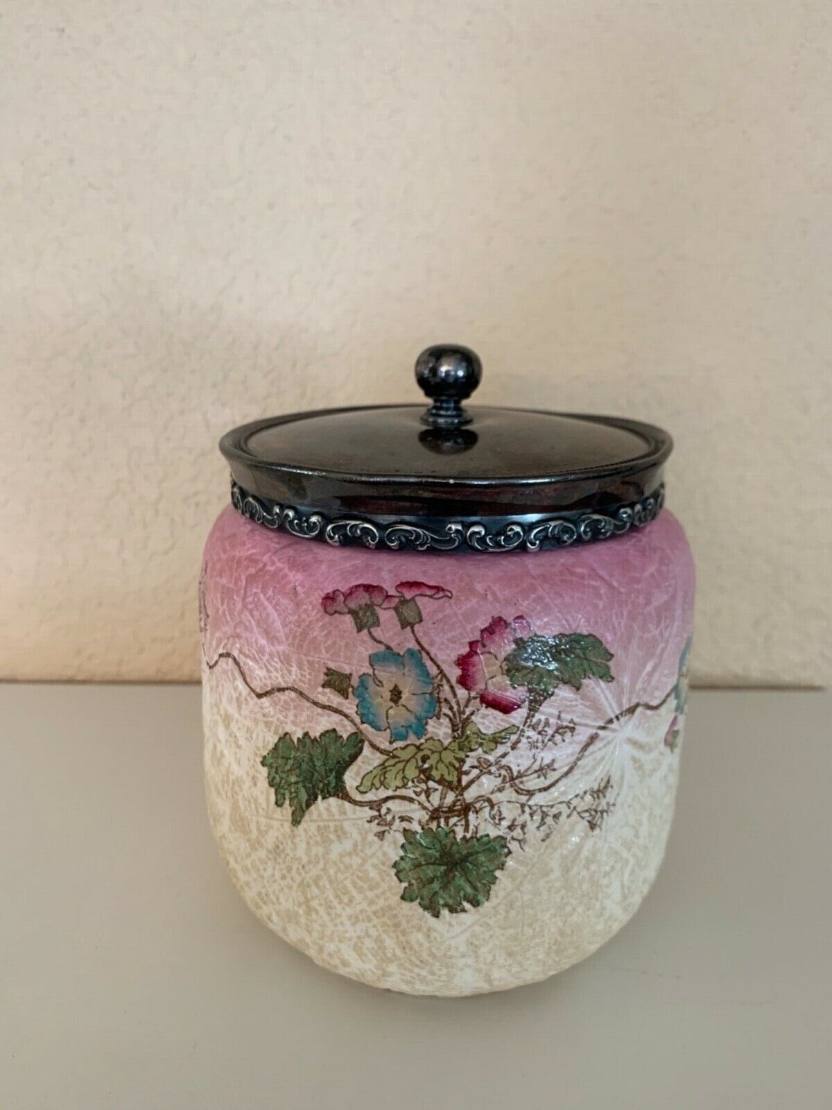 English Furnivals Pottery Cookie Biscuit Jar with Silver Lid 1880’s Old