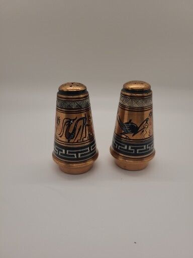 Vintage Copper Salt & Pepper Shakers Set Ancient Greek Egyptian Pattern