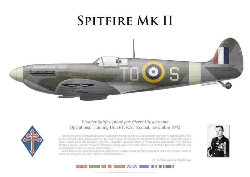 Spitfire Mk II Print, Pierre Clostermann, OTU 61, November 1942 (by G. Marie)