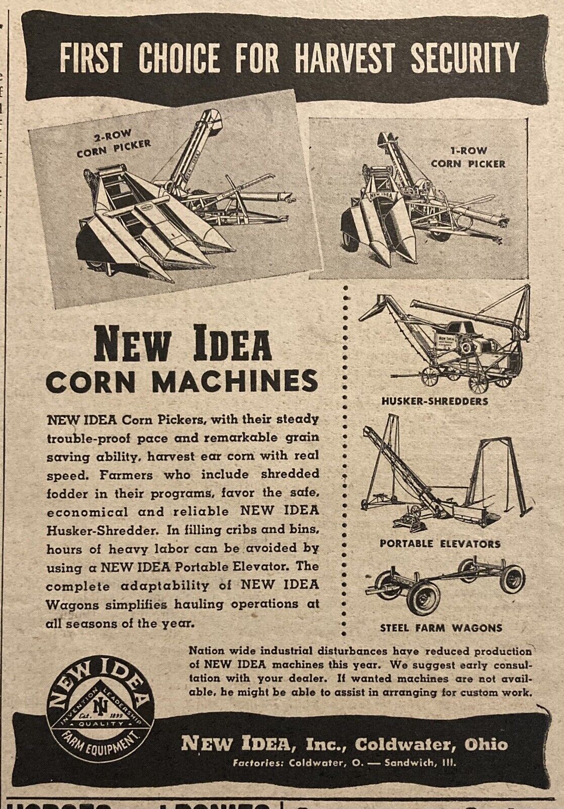 1944 AD(XE25)~NEW IDEA, INC. COLDWATER, OHIO. NEW IDEA CORN MACHINES
