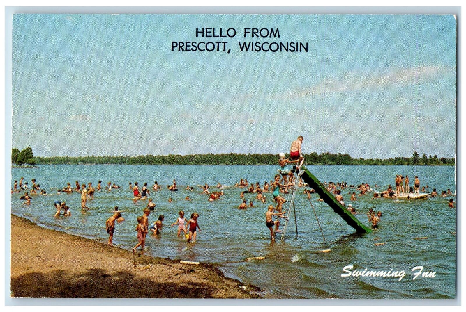 Prescott Wisconsin WI Postcard Hello From Swimming Is Fun c1960's Bathing Scene