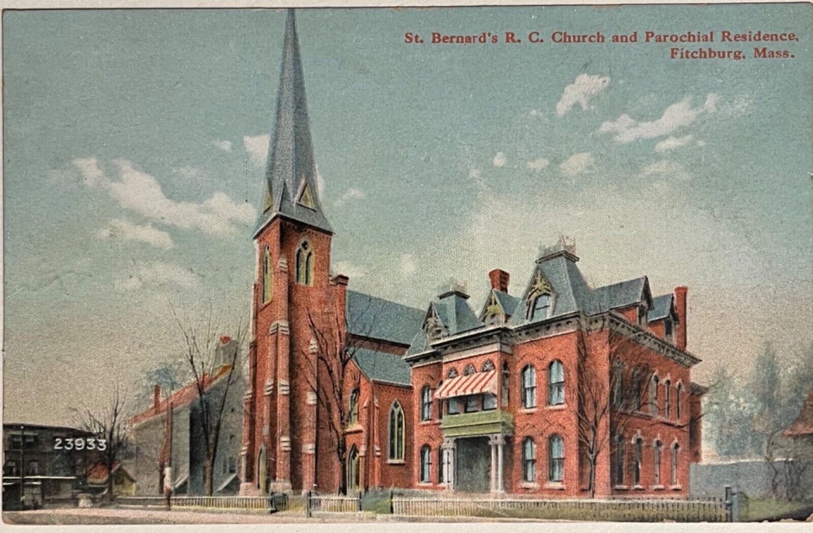Fitchburg MA St Bernards Catholic Church Massachusetts Vintage Postcard 1908
