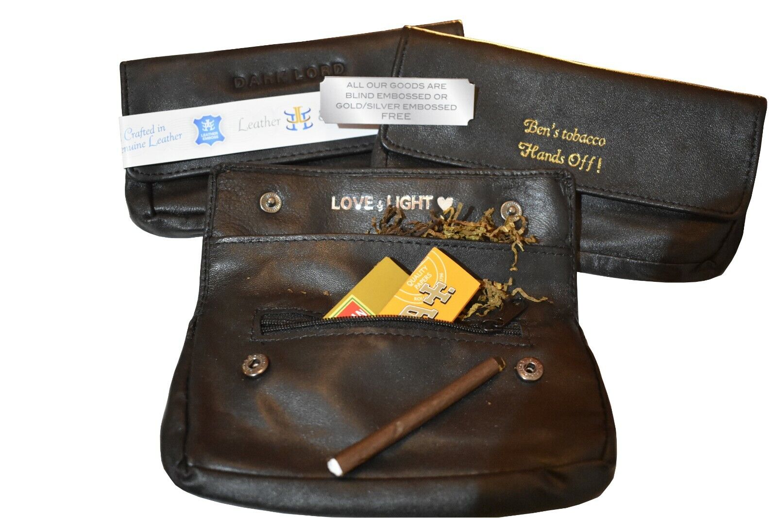 Personalised Black Soft Leather Tobacco Pouch Fully Lined