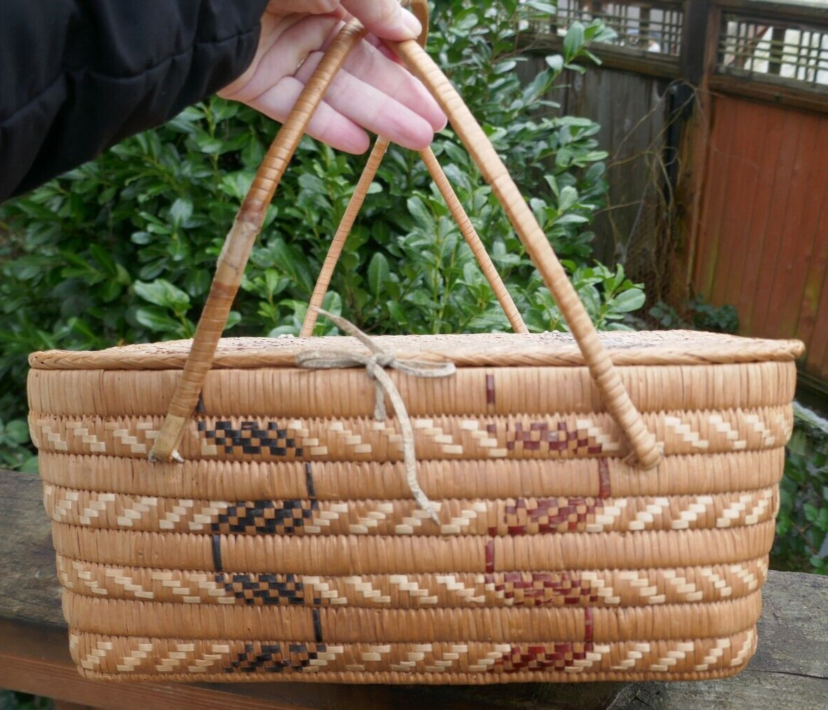 Vintage Coast Salish Thompson River Native Hand-Woven Lidded Handled Basket