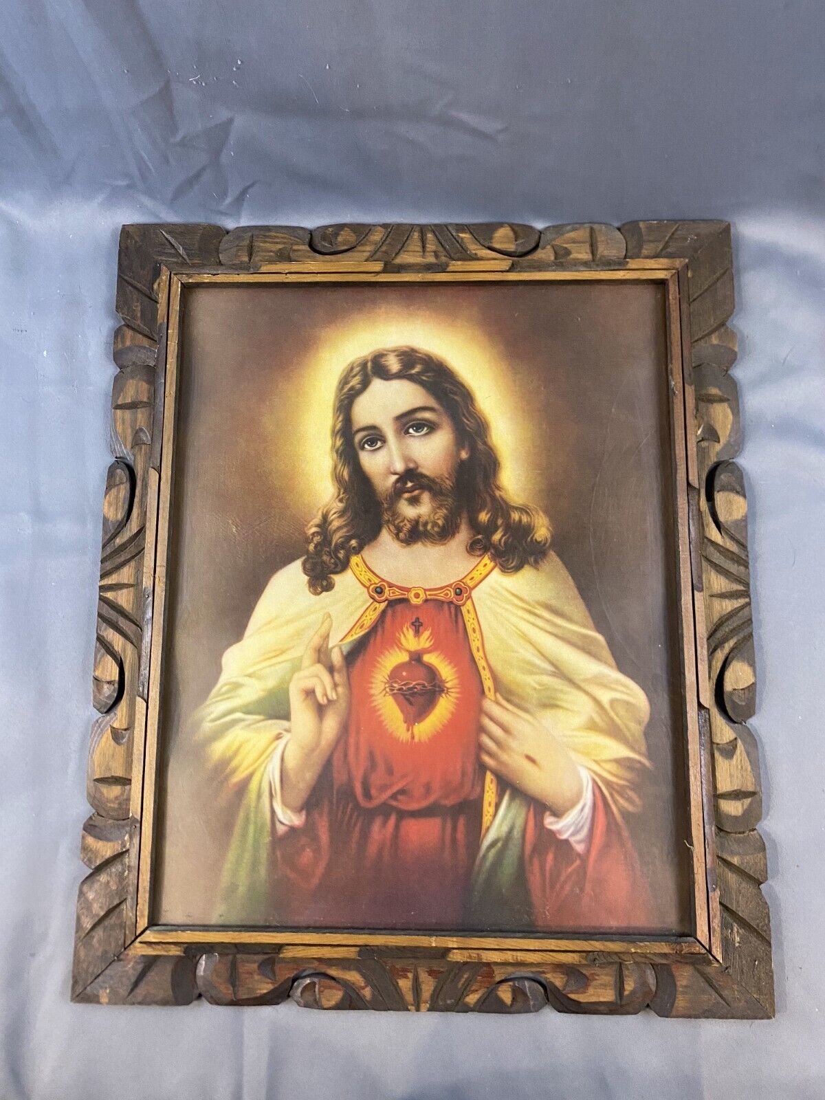 Vtg Framed Print, Jesus to the Devotion of The Sacred Heart Hand Carved Frame