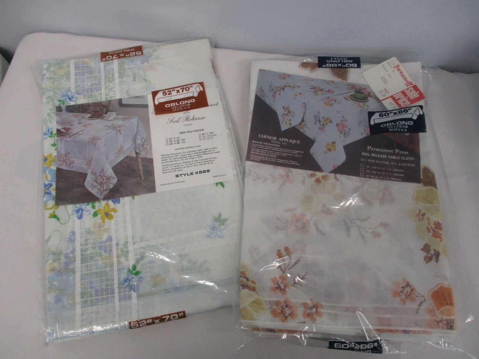 2 1980s NEW FORTUNOFF PERMANENT PRESS SOIL RELEASE TABLECLOTHS w FLOWERS 70