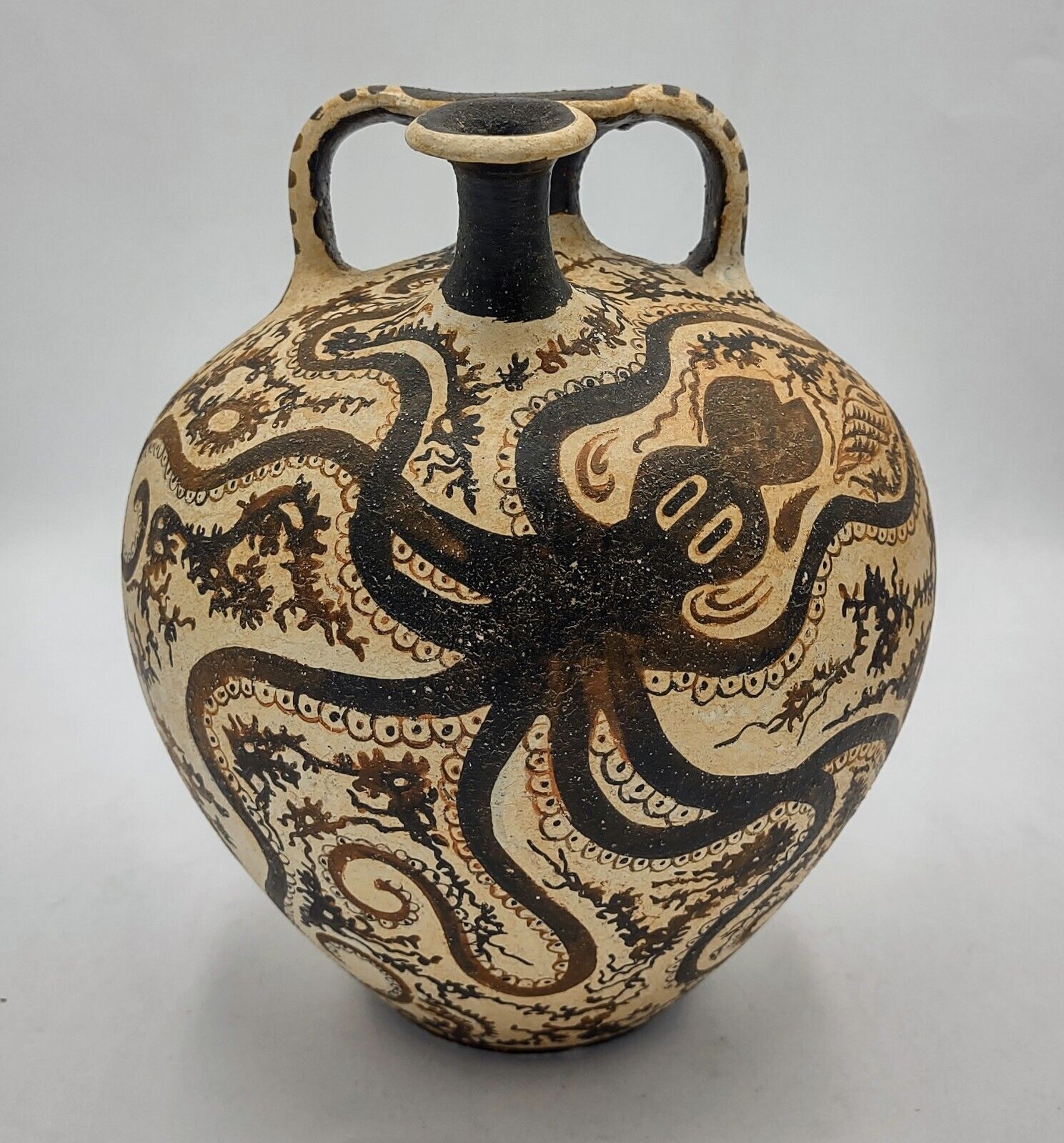Cretan Minoan Octopus Amphora Pottery Vase Museum Replica Repro Signed  7.75\