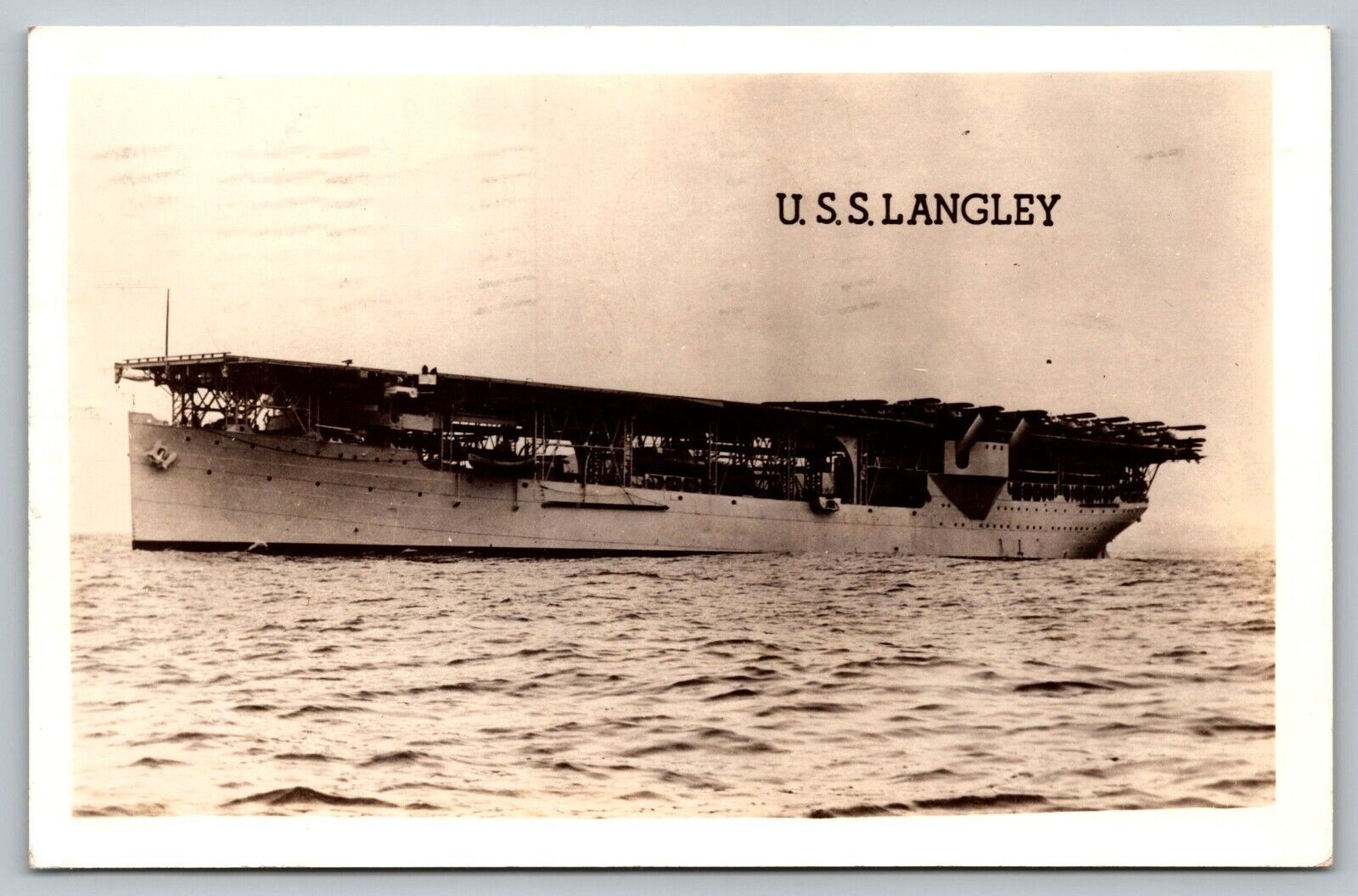 Postcard USS Langley CV 1 Navy Aircraft Carrier Naval Ship Military RPPC c 1942