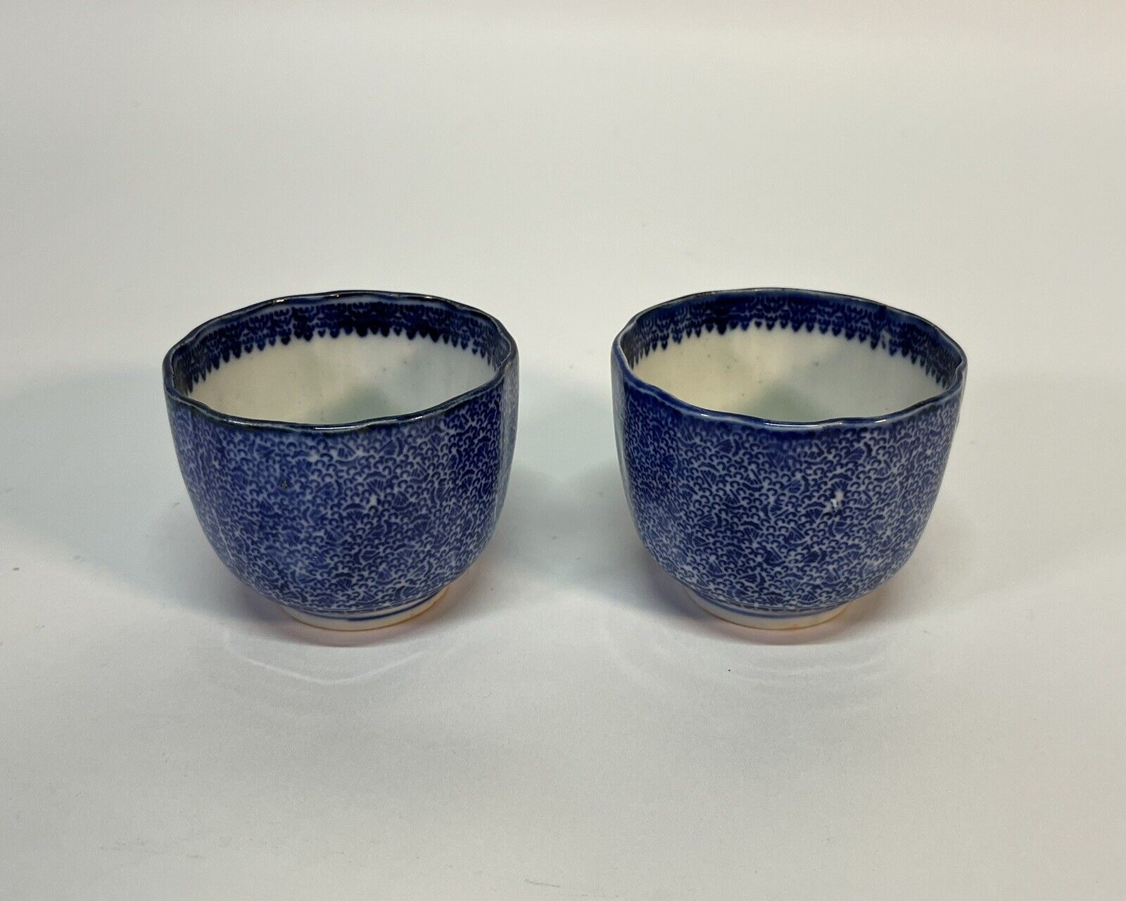 Japanese Vintage Blue & White Porcelain Tea Cups Set of Two