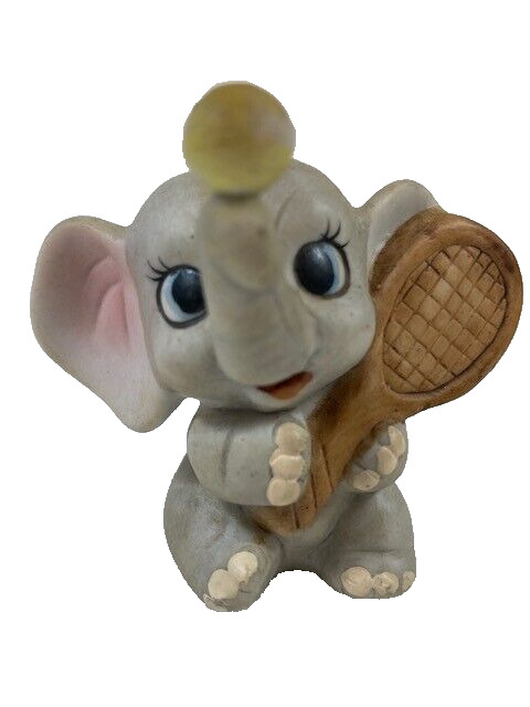 Enesco Elephant Figurine Baby Elephant With Tennis Racket & Ball Vintage