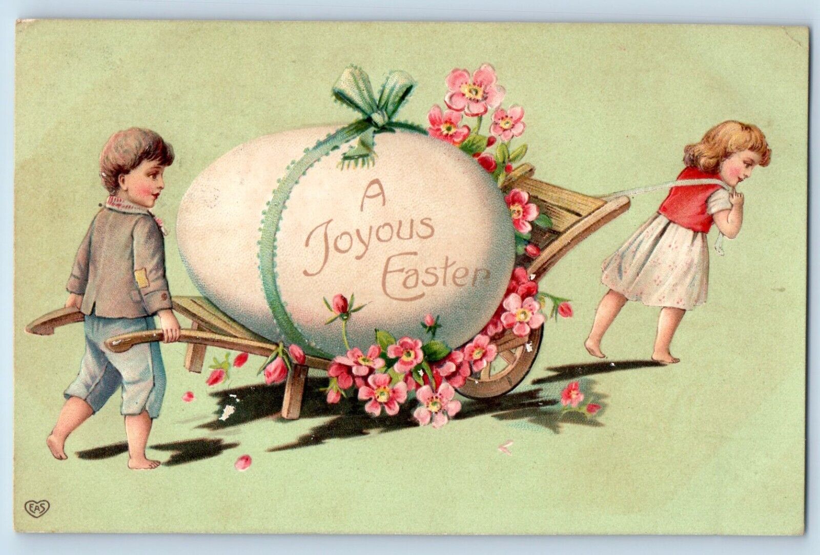 Easter Postcard Giant Egg And Flowers Children Pulling Embossed Belmar NJ 1909