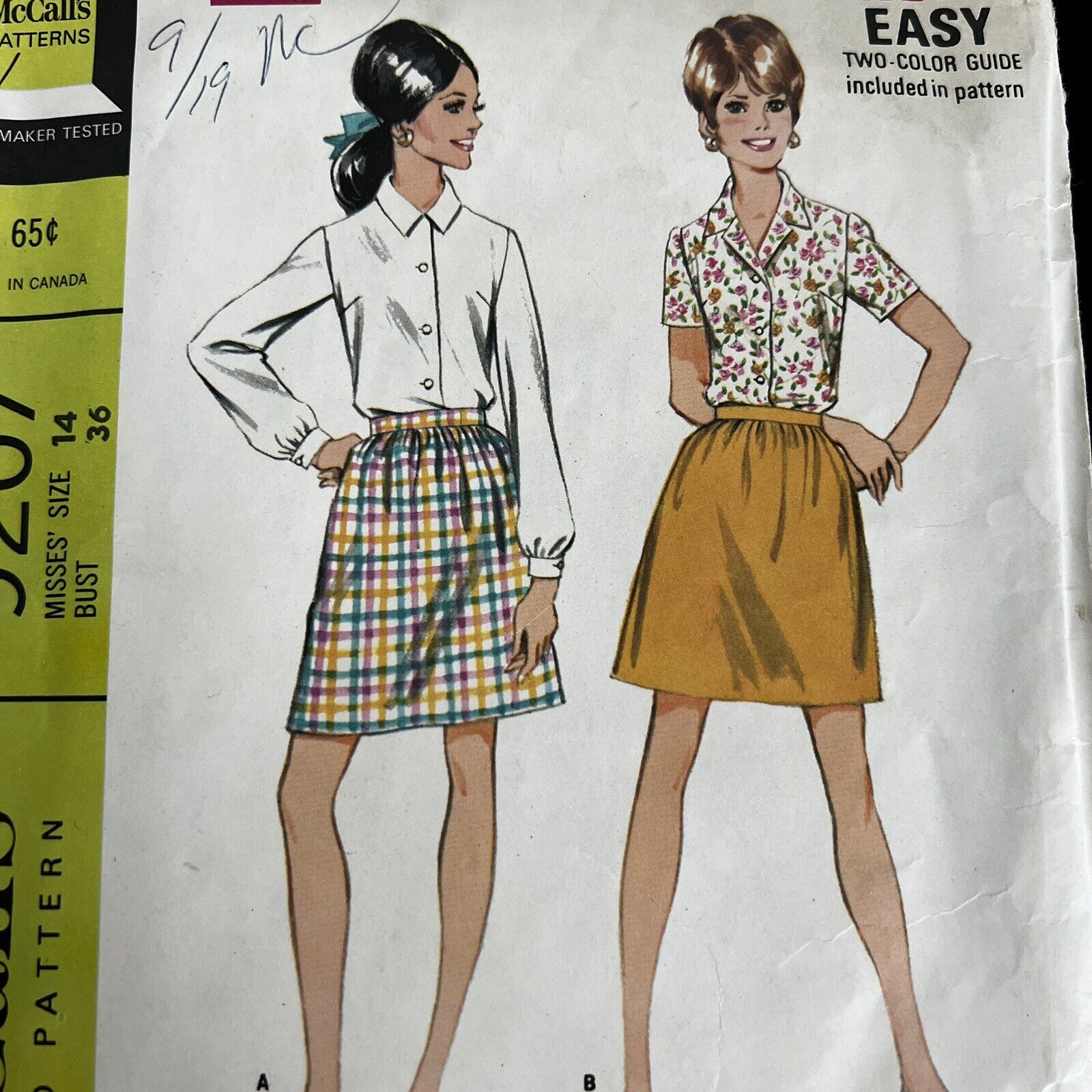 Vintage 1960s McCalls 9207 Button Down Shirt + Skirt Sewing Pattern 14 XS CUT