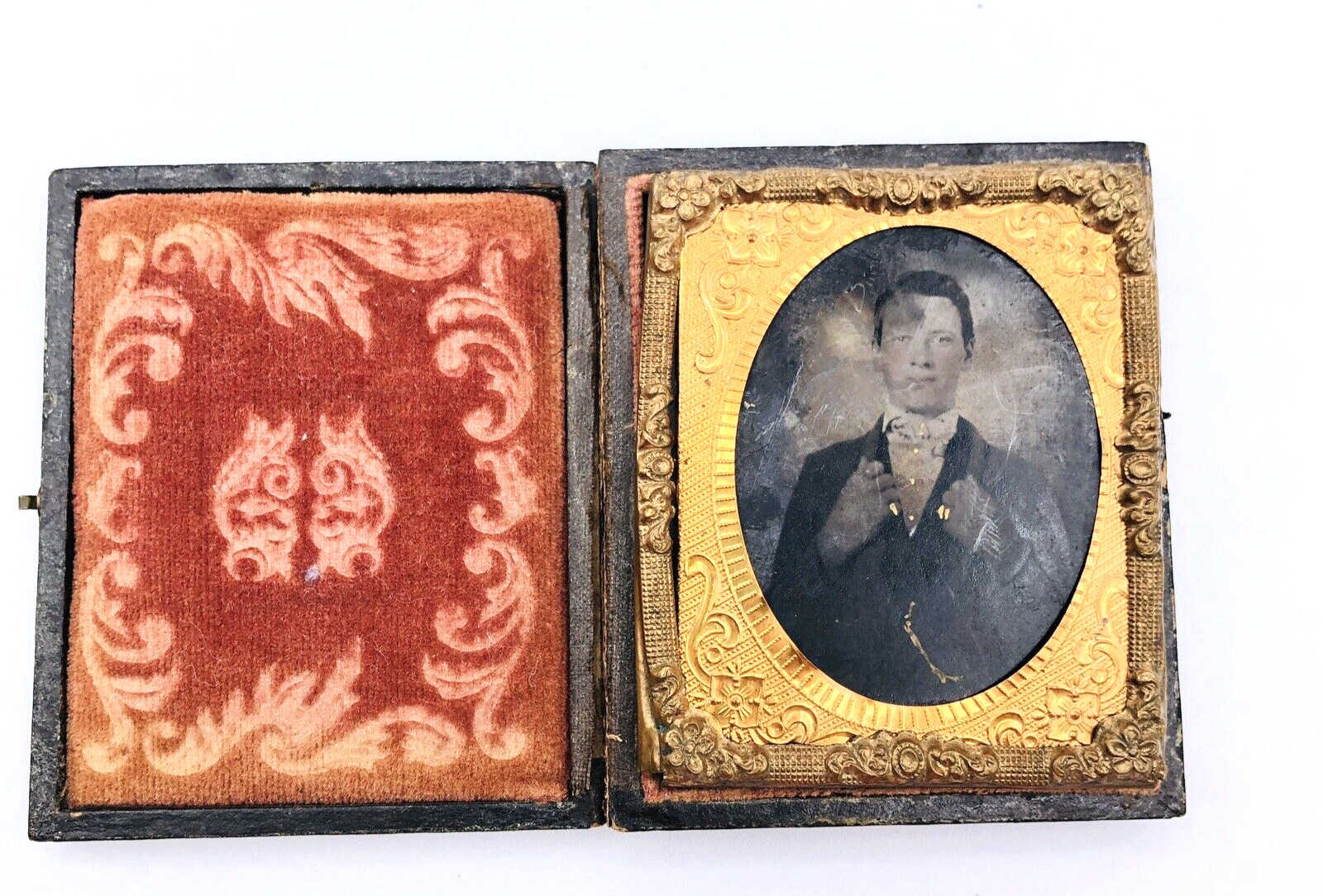 Antique Cased Tintype Handsome Young Man 9th Plate w/ Hiding Old Woman Tintype